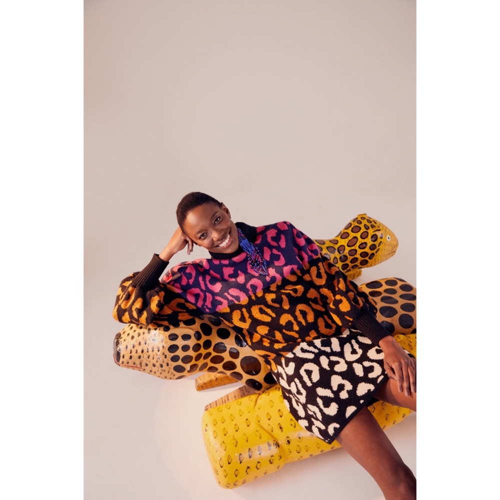 Farm Rio Striped Leopard-Pattern Sweater dress